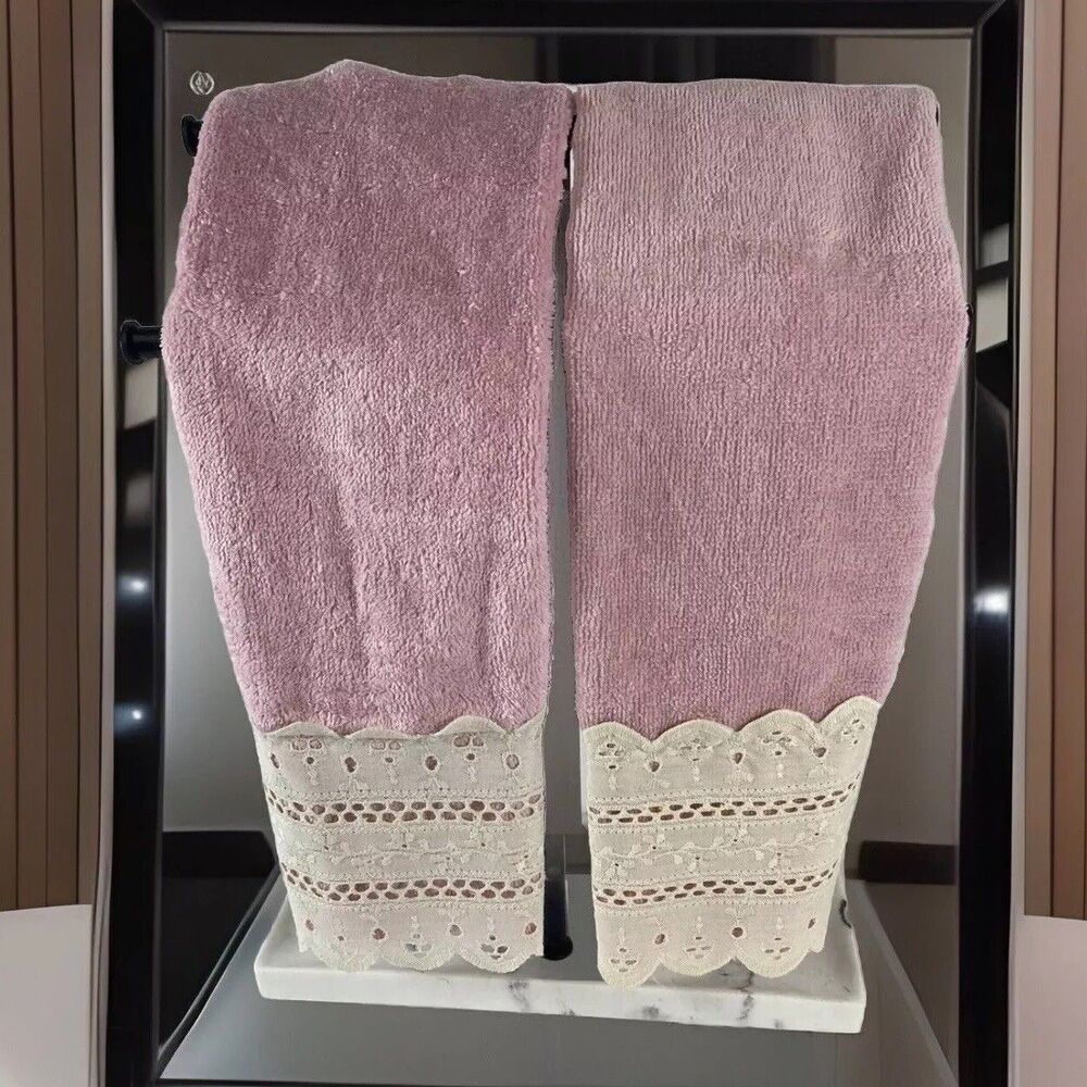 Fieldcrest Lustre 2 Hand Towel Dusty Pink Beige Lace 100% Cotton USA Clean Vtg